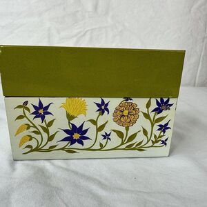Vtg 1960 Green Floral SYNDICATE Mfg Co TIN LITHO RECIPE BOX Cards Handwritten